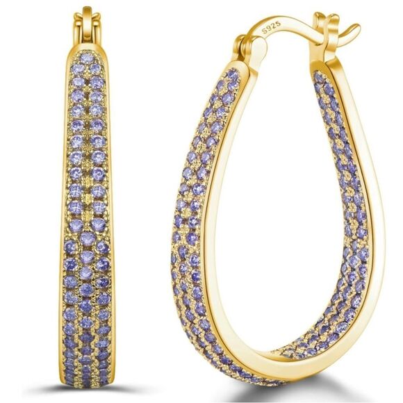 14K Yellow Gold Sterling Silver and Purple Amethyst Cubic Zirconia Hoop Earrings - Picture 1 of 5